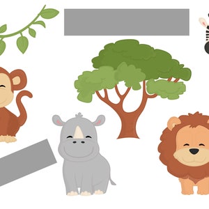 May include: A set of colorful cartoon animal illustrations featuring a monkey, rhino, lion, zebra, and a green tree. The animals are all smiling and have friendly expressions.