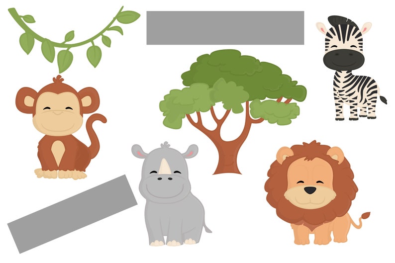 May include: A set of colorful cartoon animal illustrations featuring a monkey, rhino, lion, zebra, and a green tree. The animals are all smiling and have friendly expressions.