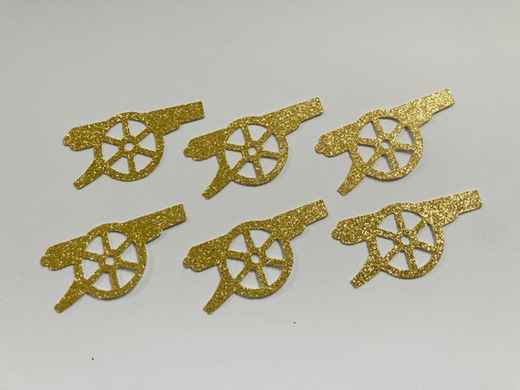 Set of 6 gold glitter cannon cupcake toppers, football toppers, Arsenal cupcake toppers, football theme cupcake toppers, football cake top