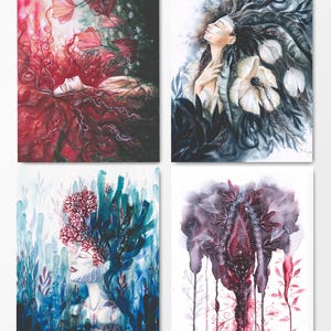 4 cartoline ad acquerello "Wild Essence", carte femminili, stampate in modo sostenibile e vegano, carte per donne, Yoniverse e dee