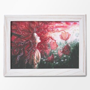 Impressão artística limitada "In Red Waves" - amor pela natureza e pela magia, aquarela feminina como pôster de fantasia em A3 e A2, feminilidade espiritual
