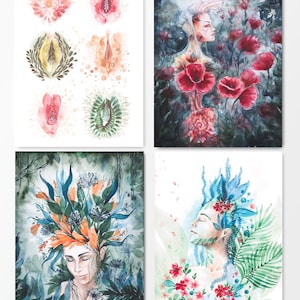 4 Aquarell Postkarten "Inneres Erblühen", feminine Karten, nachhaltig und vegan gedruckt, Karten für Frauen und Göttinnen