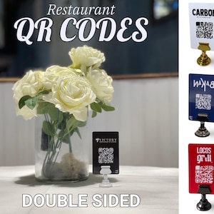 Restaurant QR Code Menu Display - Double-Sided PVC, Customized Contactless Table Stand - Durable Scan Logo Holder with 4 Color Metal Base