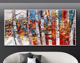 Red Aspen Trees Abstract Wall Art Colorado Forest Landscape Modern Nature Panoramic Birch Tree Impasto Palette Knife Painting