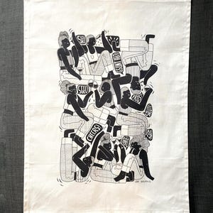 Printed kitchen towel, Aperitif, Natural cotton, Hand towel, Zero waste, Black and white illustration, Gift idea