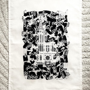 Printed kitchen towel, Aperitif, Natural cotton, Hand towel, Zero waste, Black and white illustration, Gift idea