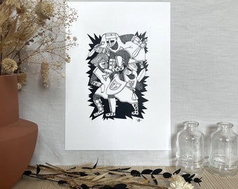 Knights, Art print, Black and white illustration, Gift idea