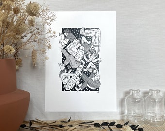 May include: Black and white illustration of a group of people in various poses, seemingly intertwined and overlapping. The illustration is on a white background with a black border.