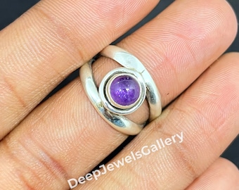 Naturlig lila ametist cabochon ädelstensring 925 sterlingsilver alla storlekar handgjord vacker ringpresent och förlovningsring för pojkar och flickor