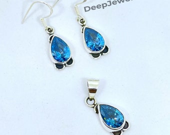 Natural Blue Topaz Faceted Gemstone 925 Sterling Silver Handmade Earrings and Pendant Amazing Top Grade Set for Woman & Girl and to Gift her