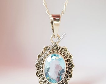 Blue Topaz Pendant, 925 Sterling Silver Pendant, Natural Blue Topaz, November Birthstone, Dainty Pendant, Ethnic Pendant, Handmade pendant