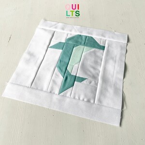 Puede incluir: Un bloque de edredón cuadrado con un diseño geométrico en tonos turquesa y verde claro sobre un fondo blanco. El diseño central se asemeja a un pájaro estilizado o una forma abstracta. El texto "QUILTS AND NICE STUFF" está en la esquina superior derecha.
