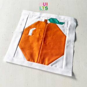 Könnte beinhalten: Ein handgefertigter Stoffblock mit einem geometrischen orangefarbenen Design, einem grünen Blatt und einem braunen Stiel. Der Block ist von einem weißen Rand umgeben. Der Text "QUILTS AND NICE STUFF" ist sichtbar.