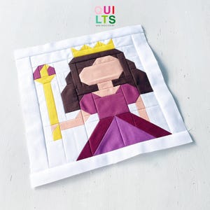 Instrucciones en PDF para el bloque de colcha: Princesa con cetro, caballero y castillo (colcha para niños)