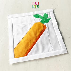 May include: A white square quilt block with a geometric carrot design. The carrot is orange with an orange border and green leaves. The text "QUILTS AND NICE STUFF" is in the upper right corner.