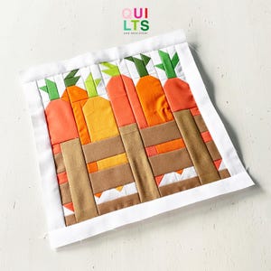 May include: A quilted square with a carrot design in a brown crate. The carrots are in shades of orange and yellow with green tops. The quilt is bordered with white fabric. The text "QUILTS AND NICE STUFF" is in the upper right corner.