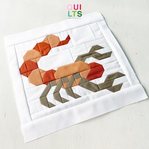 May include: A quilted square featuring a scorpion design in shades of orange, brown, and gray. The scorpion is centered on a white background with a white border. The text "QUILTS AND NICE STUFF" is in the upper right corner.