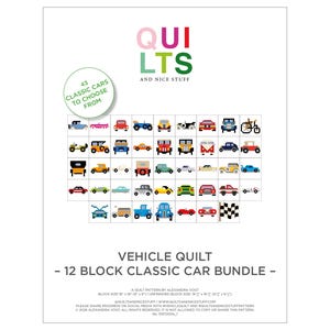 PDF-instructiepakket – Bundel van 12 quiltblokken met klassieke auto's, individuele blokselectie – 12 van de 43 blokken