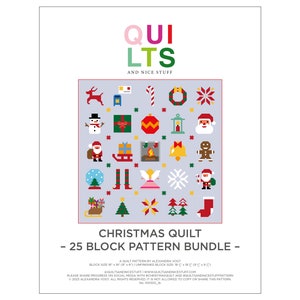 Peut inclure: Un modèle de téléchargement numérique pour une courtepointe de Noël avec 25 blocs différents. Chaque bloc est un motif pixélisé d'une icône de Noël, comme un bonhomme de neige, le Père Noël, un renne, un sapin de Noël et une chaussette. Le texte "Christmas Quilt - 25 Block Pattern Bundle -" est en bas de l'image.