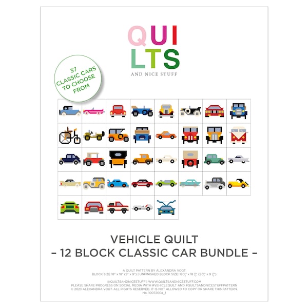 PDF Anleitungspaket – 12 Classic Car Quilt Block Bundle, individuelle Blockauswahl – 12 aus 37 Blöcken