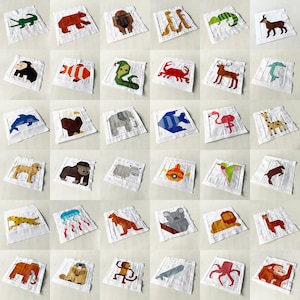 May include: A collection of 36 colourful, illustrated squares featuring various animals, objects, and designs. Each square is framed with a white border and set against a white background.