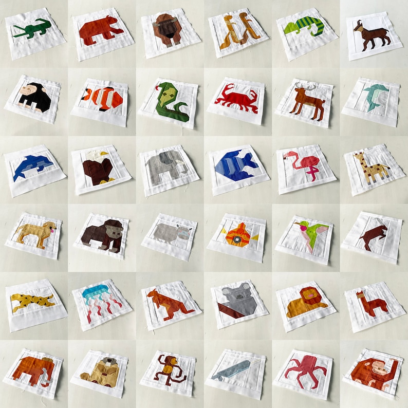 May include: A collection of 36 colourful, illustrated squares featuring various animals, objects, and designs. Each square is framed with a white border and set against a white background.