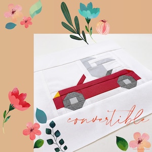 Könnte beinhalten: Eine rote und graue Stoffapplikation eines Cabriolets mit dem Wort "Cabriolet" darunter.