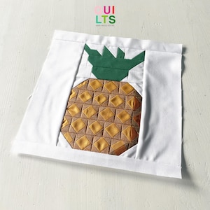 Könnte beinhalten: Ein Quilt-Ananas-Block mit grünem Oberteil und braun-goldenem Körper, vor weißem Hintergrund. Der Block wird von einem weißen Rand umrahmt. Der Text "QUILTS AND NICE STUFF" steht oben.