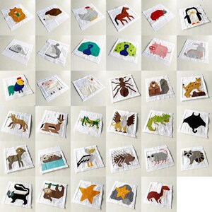 May include: A collection of 36 colourful fabric squares featuring various animal designs, including a rooster, a peacock, a deer, a starfish, a sloth, and a raccoon. Each square is framed with a white border.