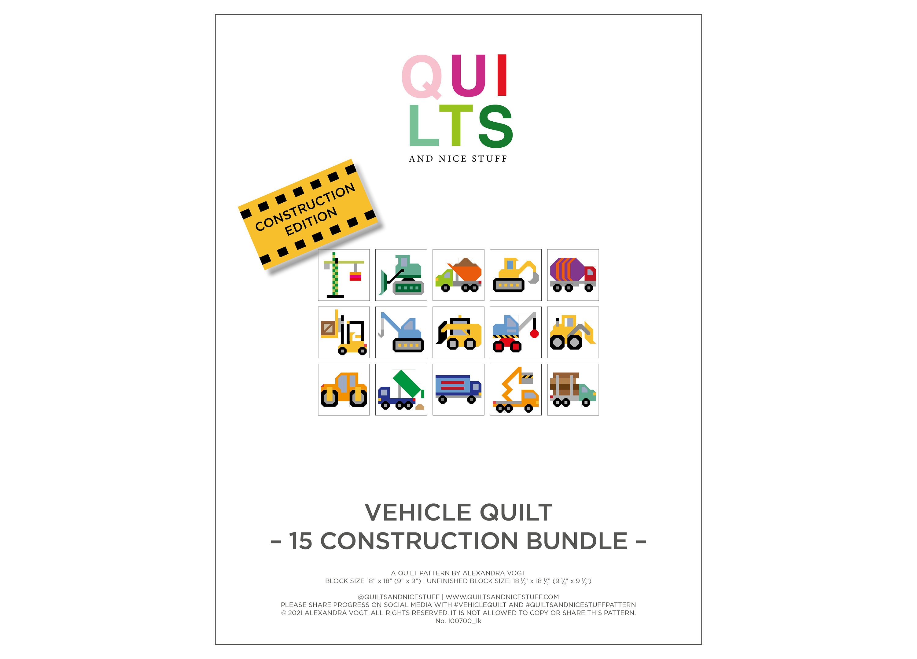 15 Construction Edition Vehicle Quilt Block Pattern Bundle