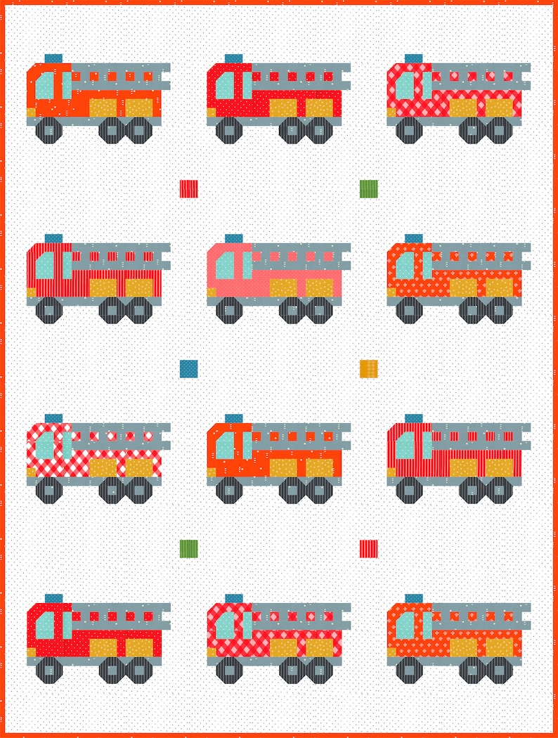 K&ouml;nnte beinhalten: Ein Quilt mit neun bunten Feuerwehrautos in Rot-, Orange- und Rosat&ouml;nen, jedes mit einer grauen Leiter und schwarzen R&auml;dern. Die Trucks haben verschiedene gemusterte Details, vor einem wei&szlig;en Hintergrund mit kleinen grauen Punkten und einem roten Rand.