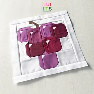Könnte beinhalten: Ein quadratischer Stoff-Quiltblock mit einem stilisierten lila Trauben-Design. Die Trauben sind in verschiedenen Lila- und Burgundertönen gehalten und vor einem weißen Hintergrund mit einem weißen Rand platziert. Der Text "QUILTS AND NICE STUFF" befindet sich oben rechts.