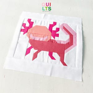 May include: A white fabric square with a geometric design of an axolotl in shades of pink. The axolotl is made of various shapes and angles. The text "QUILTS AND NICE STUFF" is in the upper right corner.