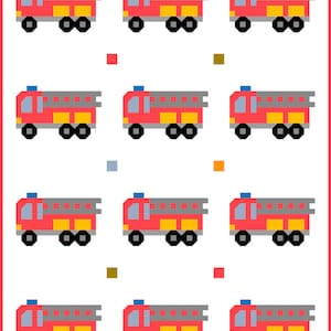 K&ouml;nnte beinhalten: Ein sich wiederholendes Muster aus pixeligen roten Feuerwehrautos mit grauen Leitern, gelben Fenstern und schwarzen R&auml;dern auf wei&szlig;em Hintergrund. Das Bild hat einen roten Rahmen und enth&auml;lt kleine farbige Quadrate.