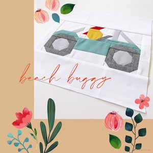 May include: A white fabric with a patchwork design of a beach buggy. The buggy is made of teal, gray, yellow, and red fabric. The fabric is stitched together with a white thread. The words "beach buggy" are written in orange cursive on the fabric.