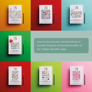 May include: A collection of quilt pattern bundles, each with a unique theme, displayed on colorful backgrounds. Bundles include Animal, Christmas, Vehicle, Halloween, Sport, and Valentine quilts. Each bundle is accompanied by a pencil.