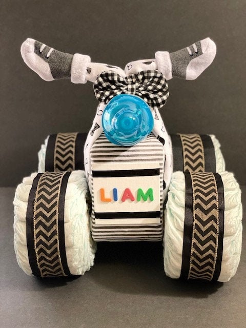 Quad Diaper Cake- Boy/Girl-Diaper Cake- Four Wheeler Diaper Cake-Baby Shower Gift Boy/Girl -Baby Shower Centerpiece, ATV, Bike Diaper Cake