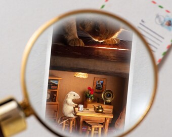 Dollhouse miniature card with envelope with tiny rat and a cat - I'm not afraid of a cat!