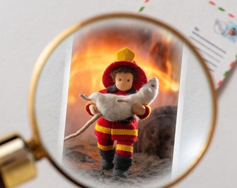 Tiny christmas postcard - Brave Firefighter miniature card - party favors - Miniature Christmas gifts