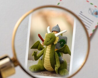 Tiny christmas postcard - Knight and Dragon card - superhero party favor - Dollhouse miniature card with envelope