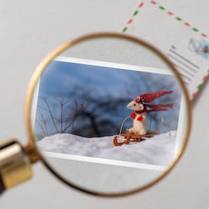 Tiny christmas postcard - tiny rat in the sleigh - mini christmas cards - miniature postcards - miniature advent calendar fillers