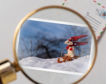 Tiny christmas postcard - tiny rat in the sleigh - mini christmas cards - miniature postcards - miniature advent calendar fillers