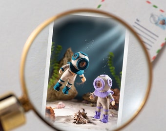 Divers - miniature blank gift card with envelope - Dollhouse miniature collectible cards - gifts for scuba divers