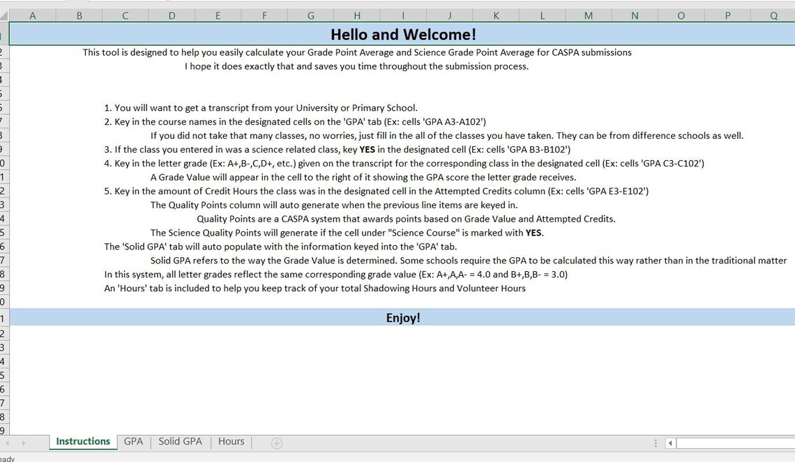 CASPA GPA Calculator / Hours Tracker / Excel Etsy