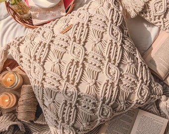 Macrame Pillow Cover: Boho Cotton Cushion, Hand-Knotted (16x16)