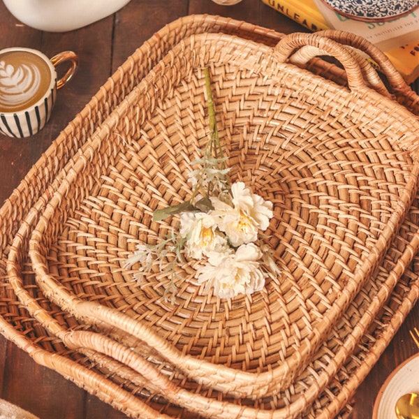 Decor tray rattan tray, boho living room storage, table shelf, rattan bowl, table tray, sustainable gifts