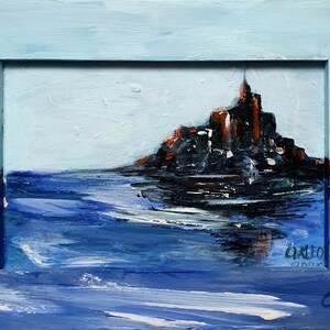Mont Saint Michel original  painting/ Minimalist Abstract artwork/ Europe Wall art  /Normandy Small artwork 4×4 inch by OlgaKleotArt