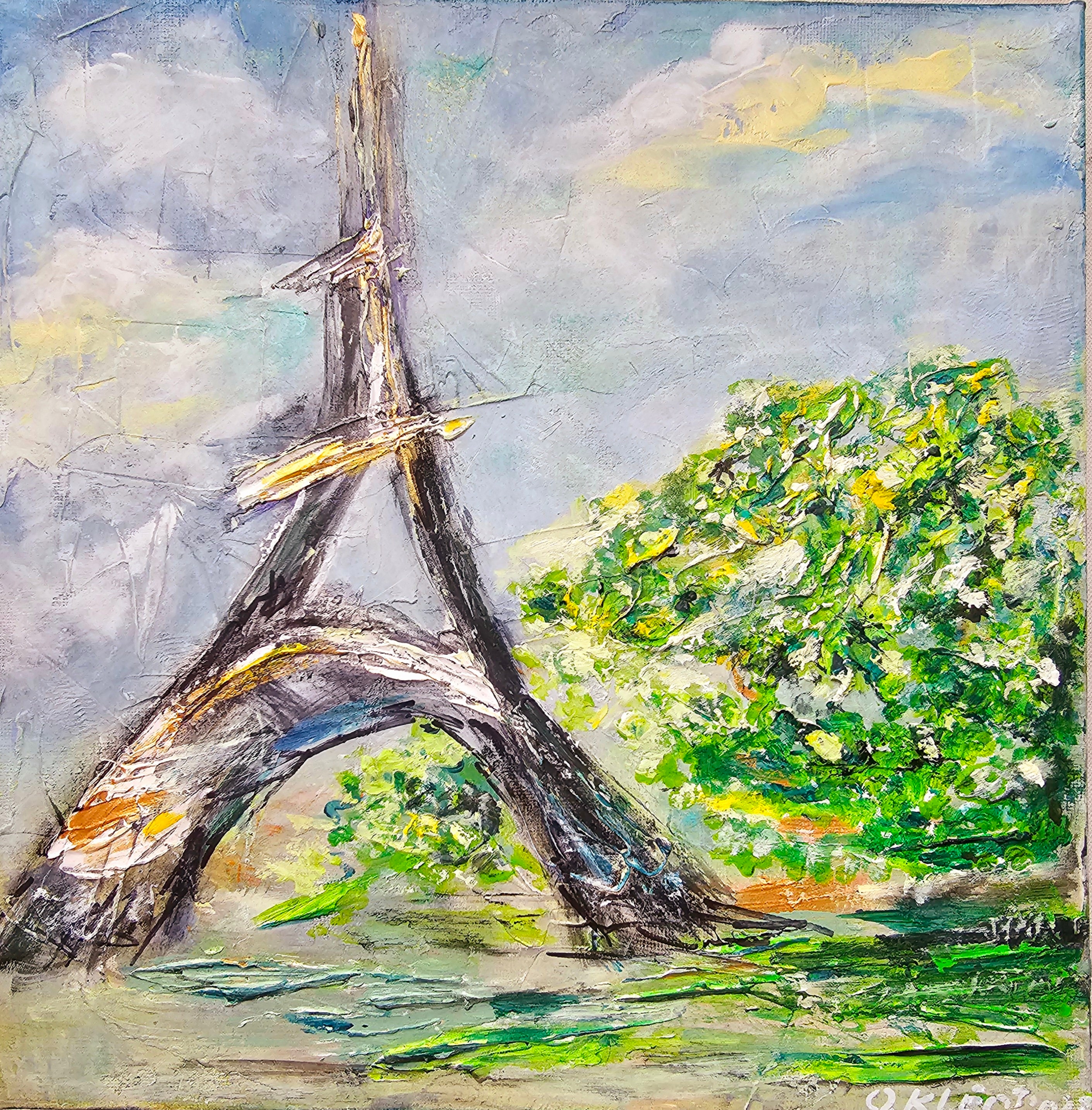 Stampa Su Tela Parigi Torre Eiffel Con Ombrello Verde - Quadro Moderno Per Parete 61x41 Cm