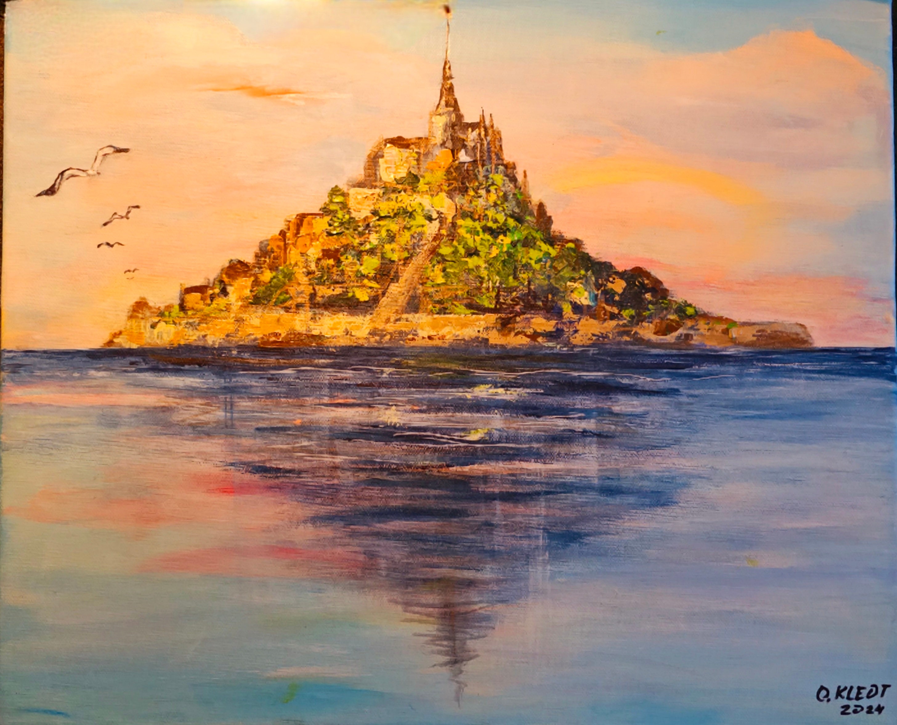 モン・サン＝ミシェルの絵画、ノルマンディーの海景、キャンバスに油彩
