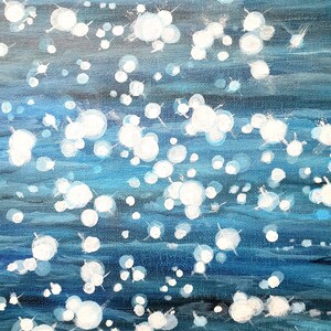 May include: Abstract painting with a water theme. The artwork features a textured canvas with shades of blue and white. White, circular shapes are scattered across the canvas, creating a sense of bubbles or light reflecting on water.
